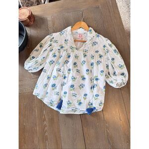 Victoria Dunn Juniper Print White Top with Blue Flowers Size XS
